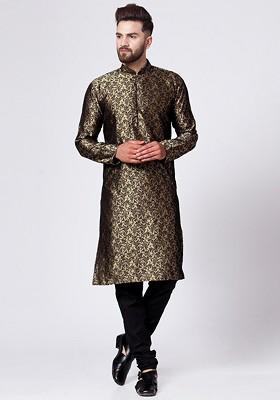 Gold Ethnic Motif Poly Blend Kurta Set For Men