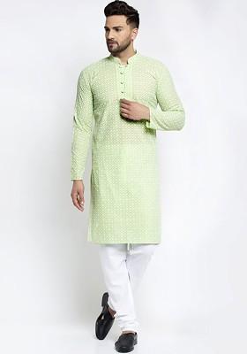 Green Embroidered Poly Blend Kurta Set For Men
