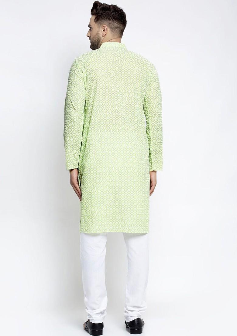 Green Embroidered Poly Blend Kurta Set For Men
