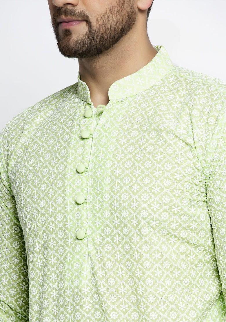 Green Embroidered Poly Blend Kurta Set For Men