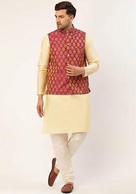 Pink Embroidered Poly Blend Kurta Set For Men