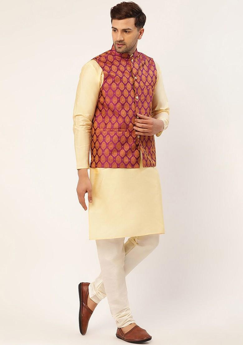 Pink Embroidered Poly Blend Kurta Set For Men