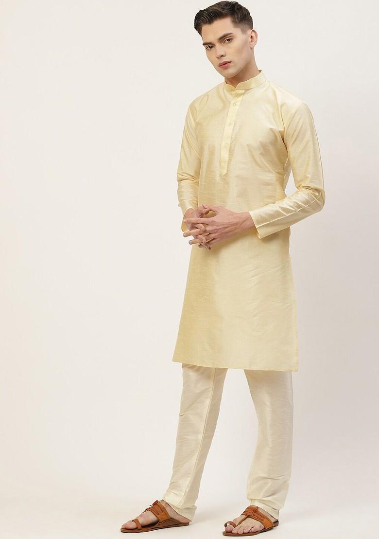 Cream Ethnic Motif Poly Blend Kurta Set For Men