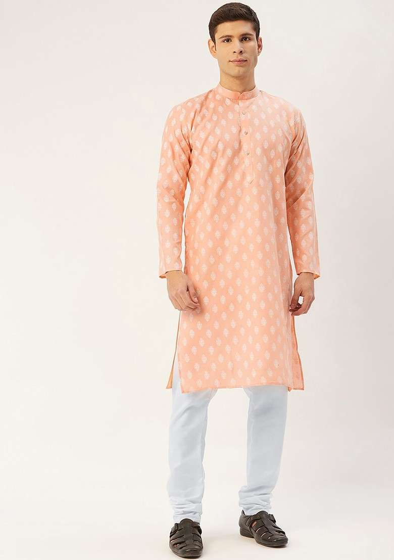 Peach Printed Poly Blend Kurta Set For Men - Indya