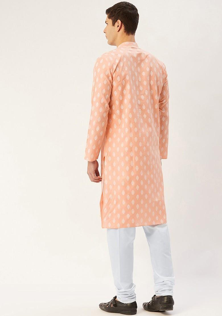 Peach Printed Poly Blend Kurta Set For Men