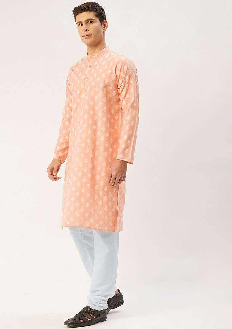 Peach Printed Poly Blend Kurta Set For Men - Indya
