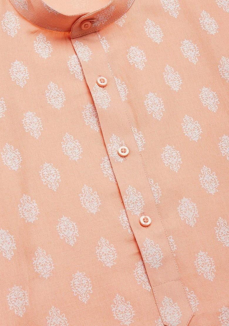 Peach Printed Poly Blend Kurta Set For Men