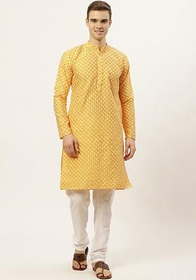 Mustard Yellow Embroidered Poly Blend Kurta Set For Men