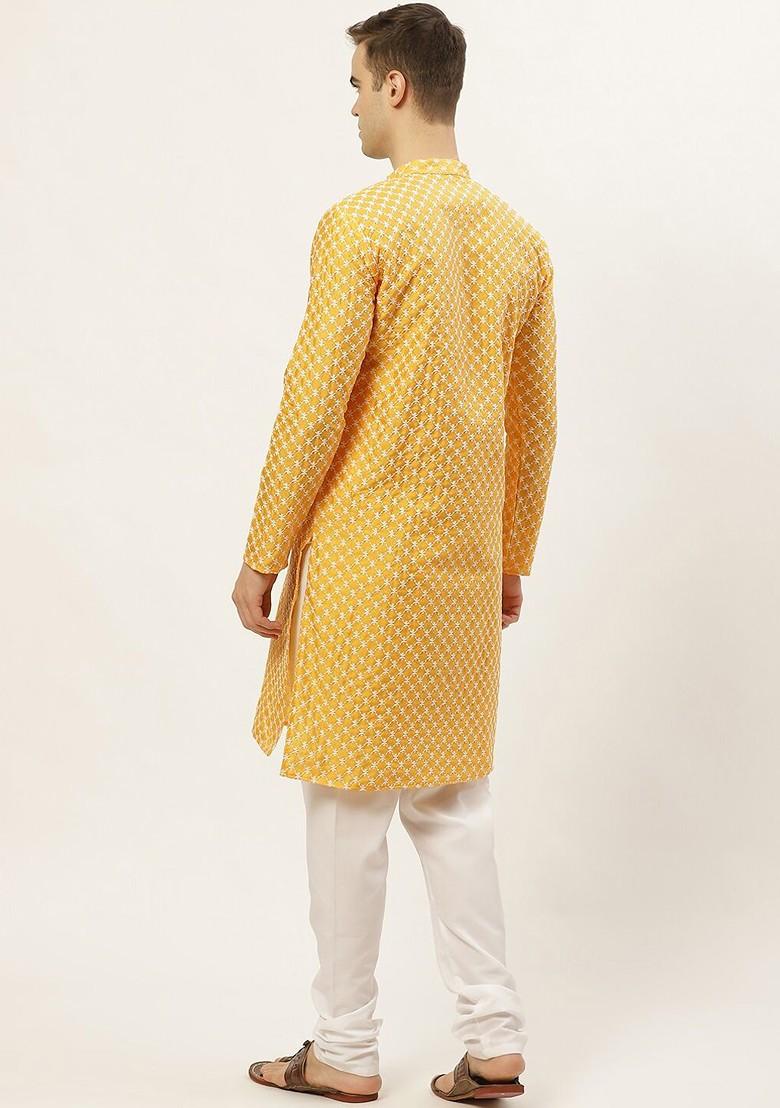 Mustard Yellow Embroidered Poly Blend Kurta Set For Men