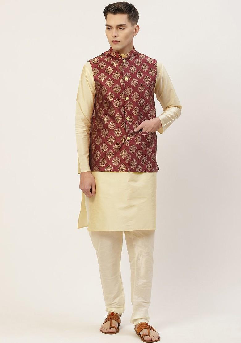 Beige Woven Design Poly Blend Kurta Set For Men