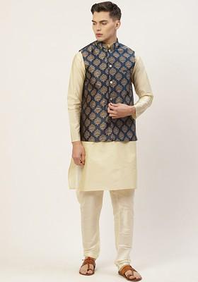 Beige Woven Design Poly Blend Kurta Set For Men