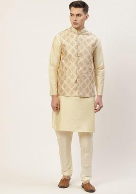 Cream Woven Design Poly Blend Kurta Set For Men