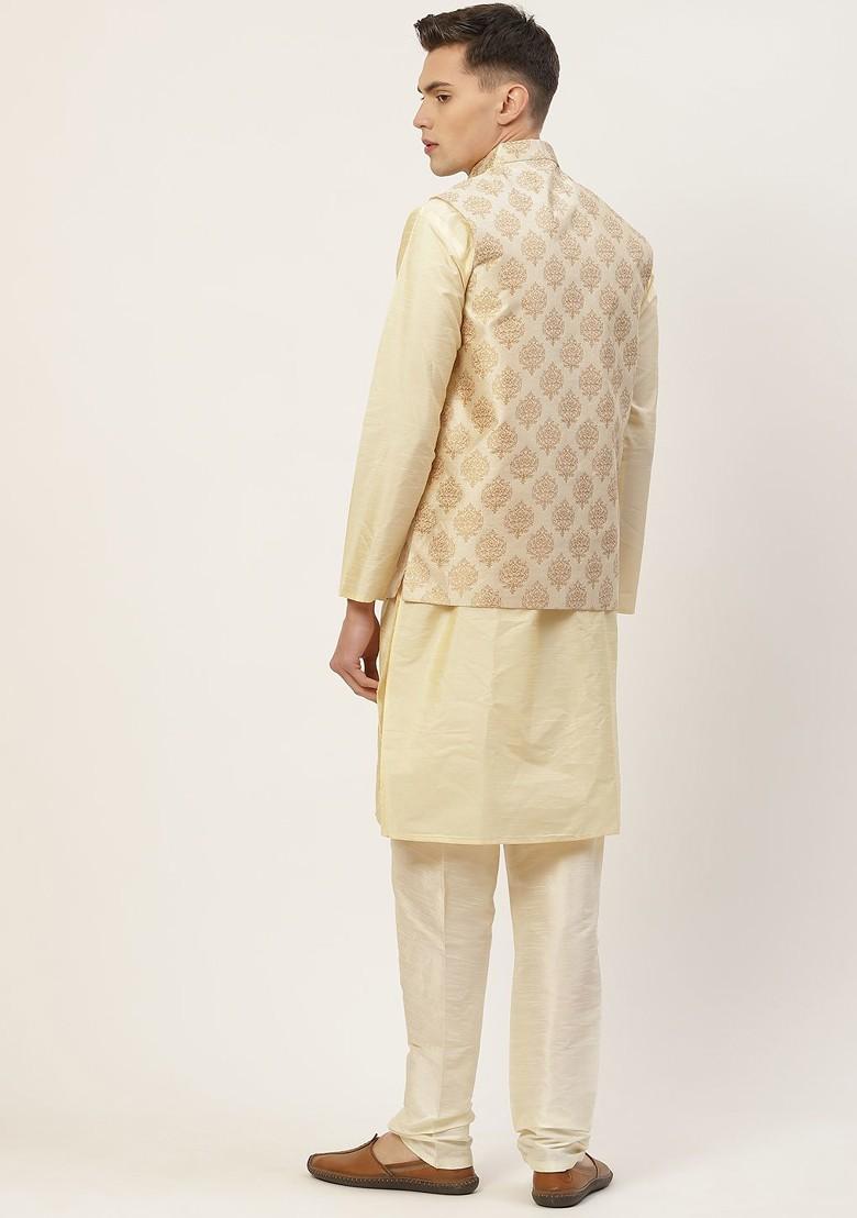 Cream Woven Design Poly Blend Kurta Set For Men