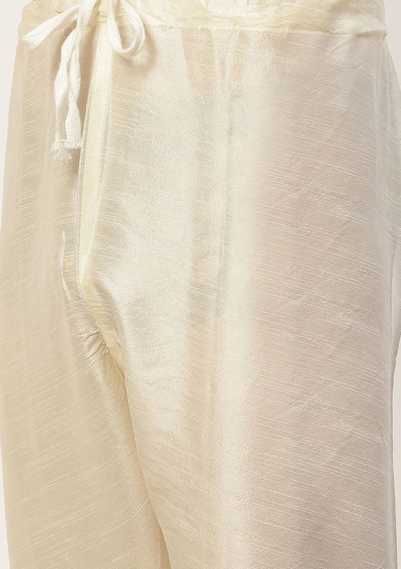 Cream Woven Design Poly Blend Kurta Set For Men