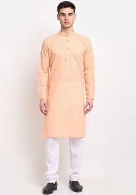 Orange Embroidered Poly Blend Kurta Set For Men