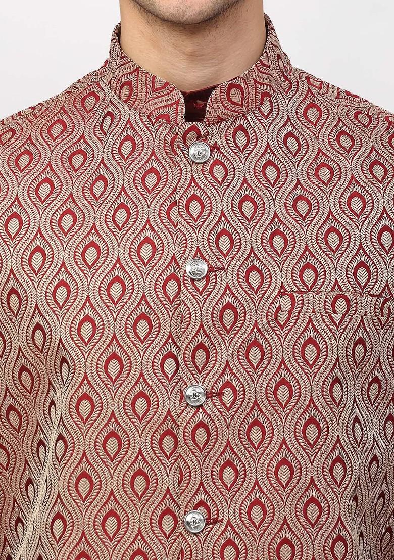 Maroon Floral Print Poly Blend Kurta Set For Men