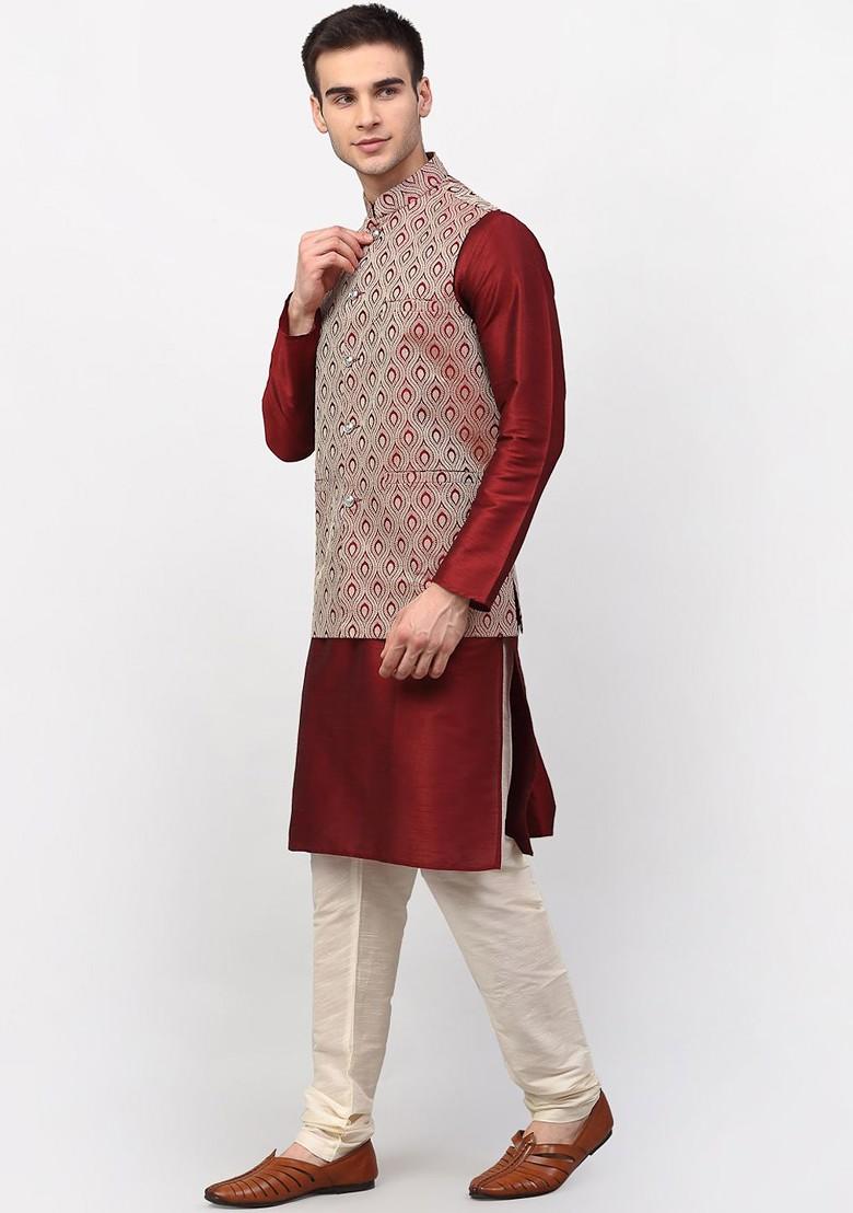 Maroon Floral Print Poly Blend Kurta Set For Men