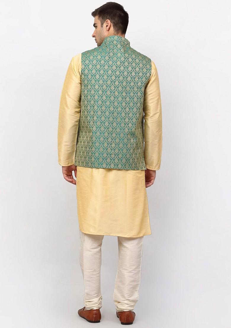 Gold Embroidered Poly Blend Kurta Set For Men