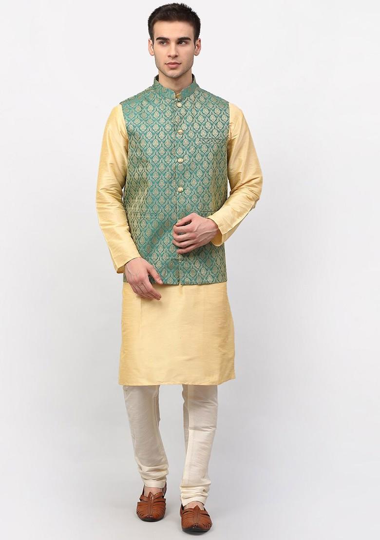 Gold Embroidered Poly Blend Kurta Set For Men