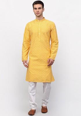 Yellow Printed Poly Blend Kurta Set For Men