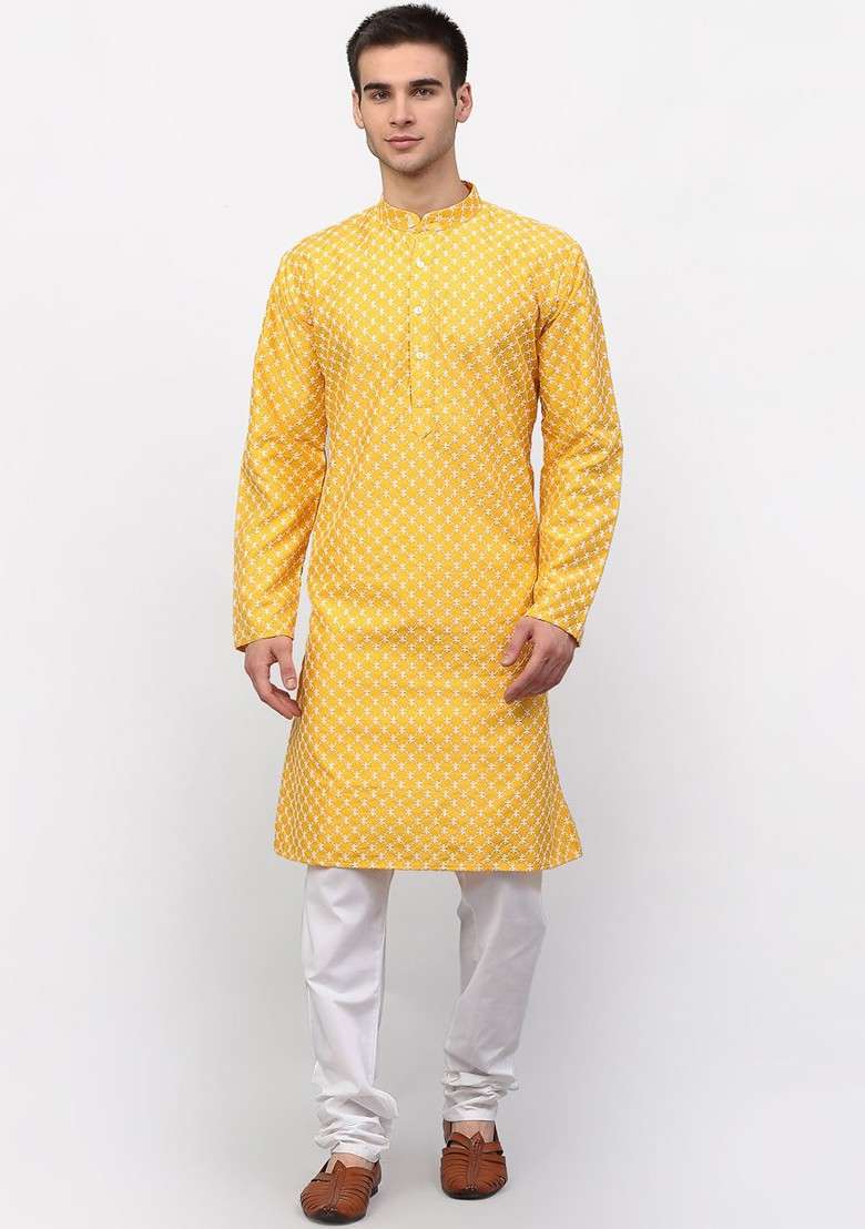 Yellow Printed Poly Blend Kurta Set For Men - Indya