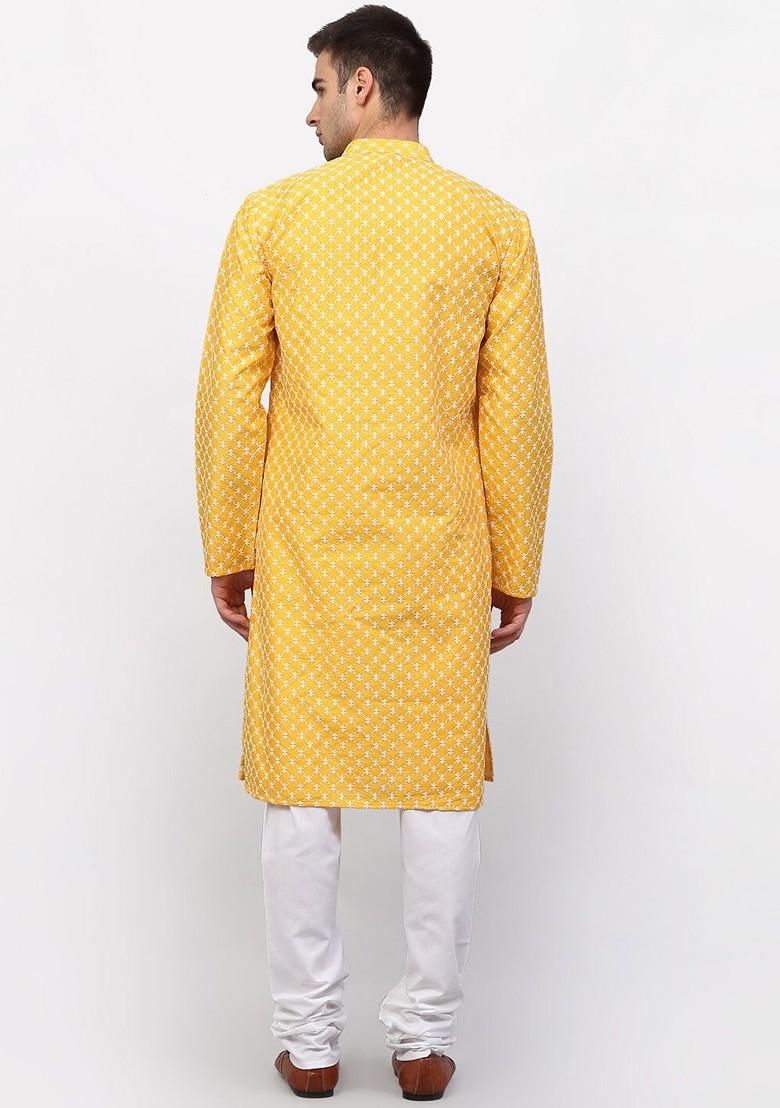 Yellow Printed Poly Blend Kurta Set For Men