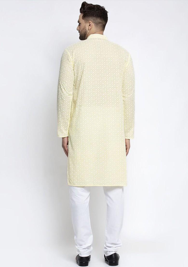 Yellow Embroidered Poly Blend Kurta Set For Men