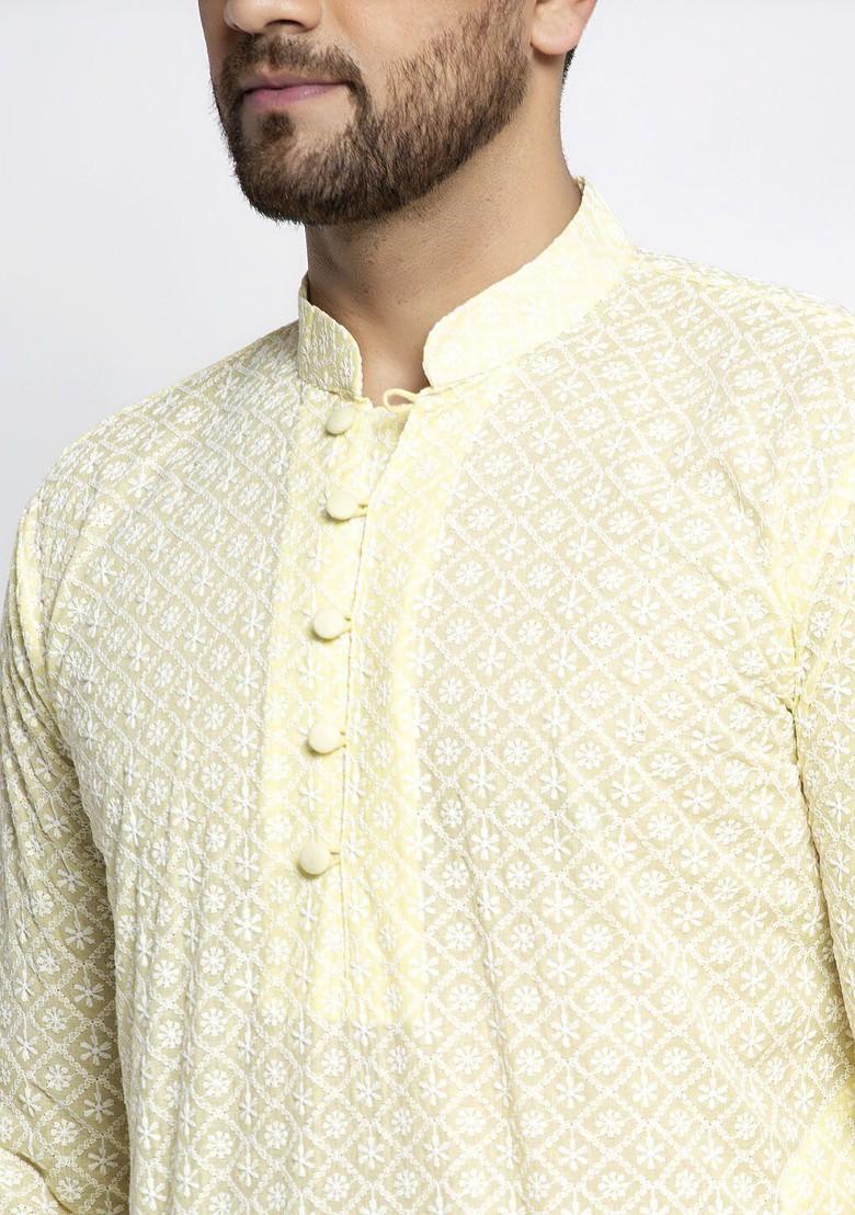 Yellow Embroidered Poly Blend Kurta Set For Men