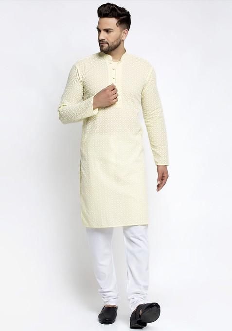 Yellow Embroidered Poly Blend Kurta Set For Men