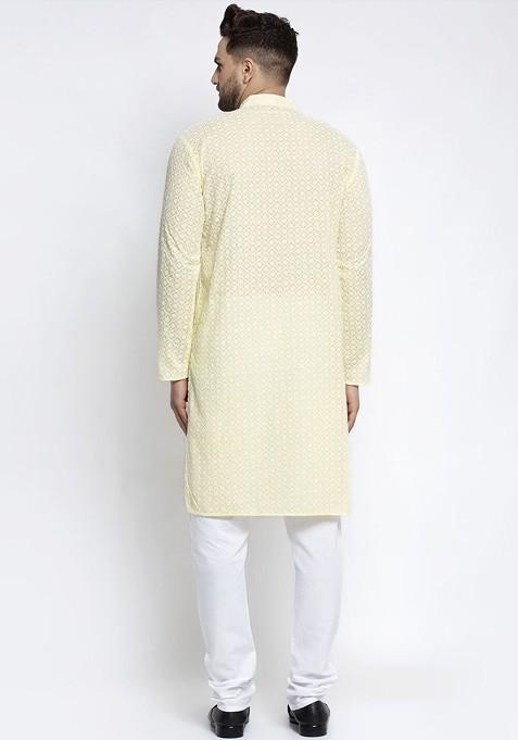 Yellow Embroidered Poly Blend Kurta Set For Men