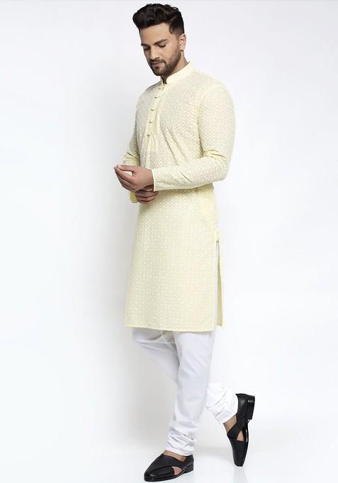 Yellow Embroidered Poly Blend Kurta Set For Men