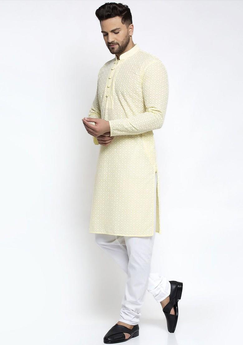 Yellow Embroidered Poly Blend Kurta Set For Men