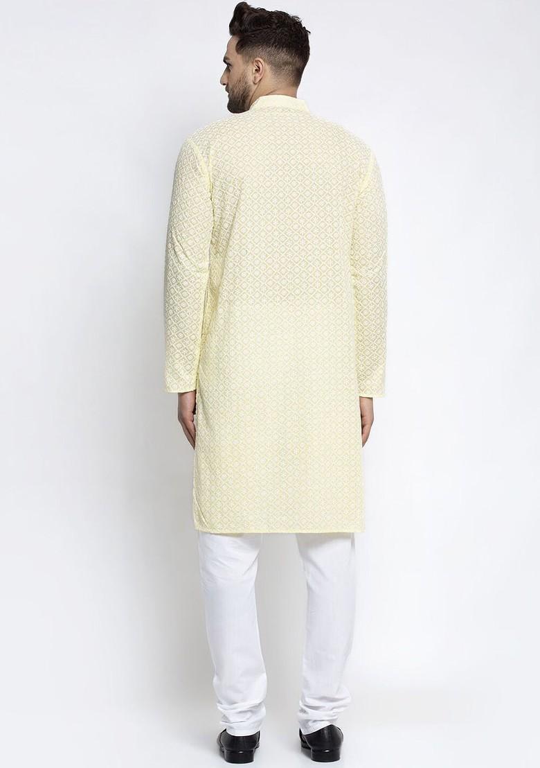 Yellow Embroidered Poly Blend Kurta Set For Men
