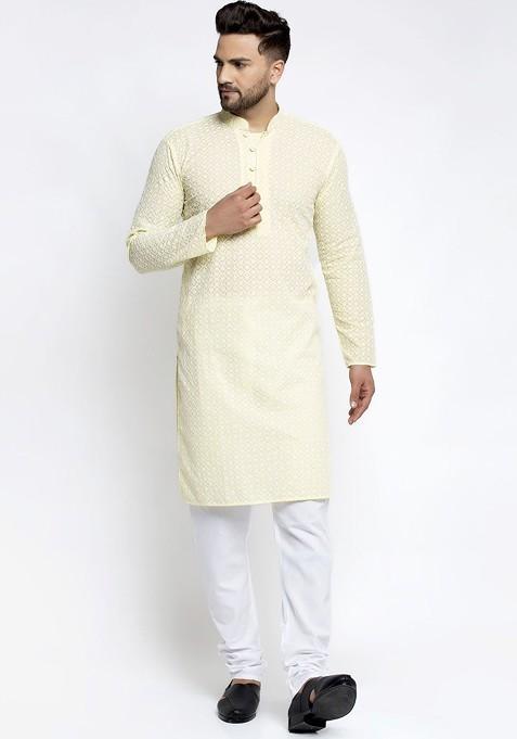Yellow Embroidered Poly Blend Kurta Set For Men