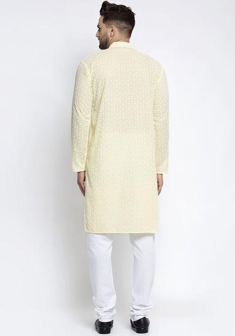 Yellow Embroidered Poly Blend Kurta Set For Men