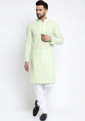 Green Embroidered Poly Blend Kurta Set For Men