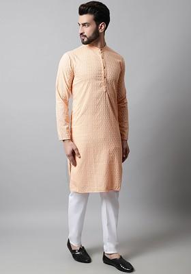 Peach Embroidered Poly Blend Kurta Set For Men