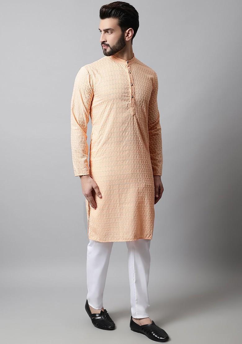 Peach Embroidered Poly Blend Kurta Set For Men