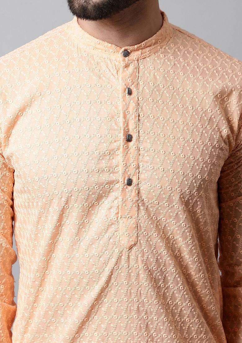 Peach Embroidered Poly Blend Kurta Set For Men