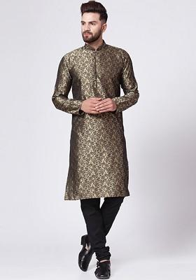 Gold Woven Design Poly Blend Kurta Set For Men