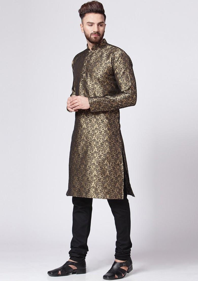Gold Woven Design Poly Blend Kurta Set For Men
