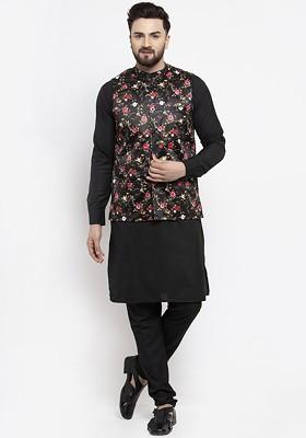 Black Printed Poly Blend Kurta Set For Men