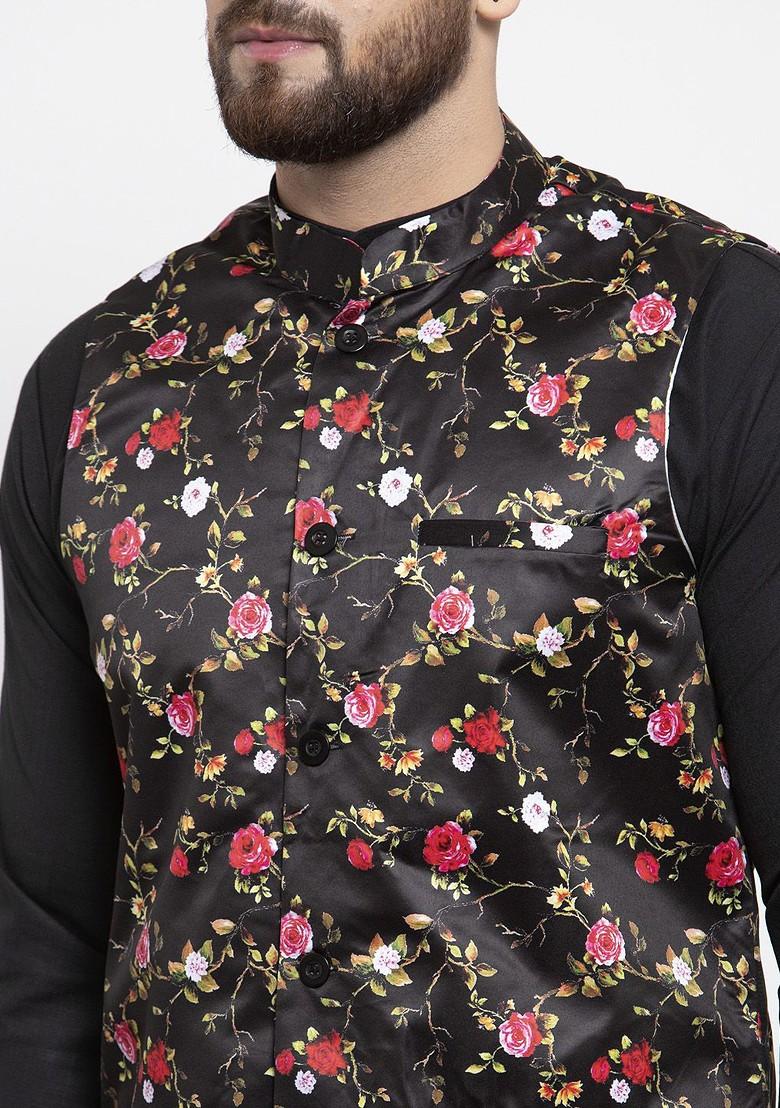 Black Printed Poly Blend Kurta Set For Men