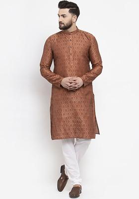 Brown Woven Design Poly Blend Kurta Set For Men