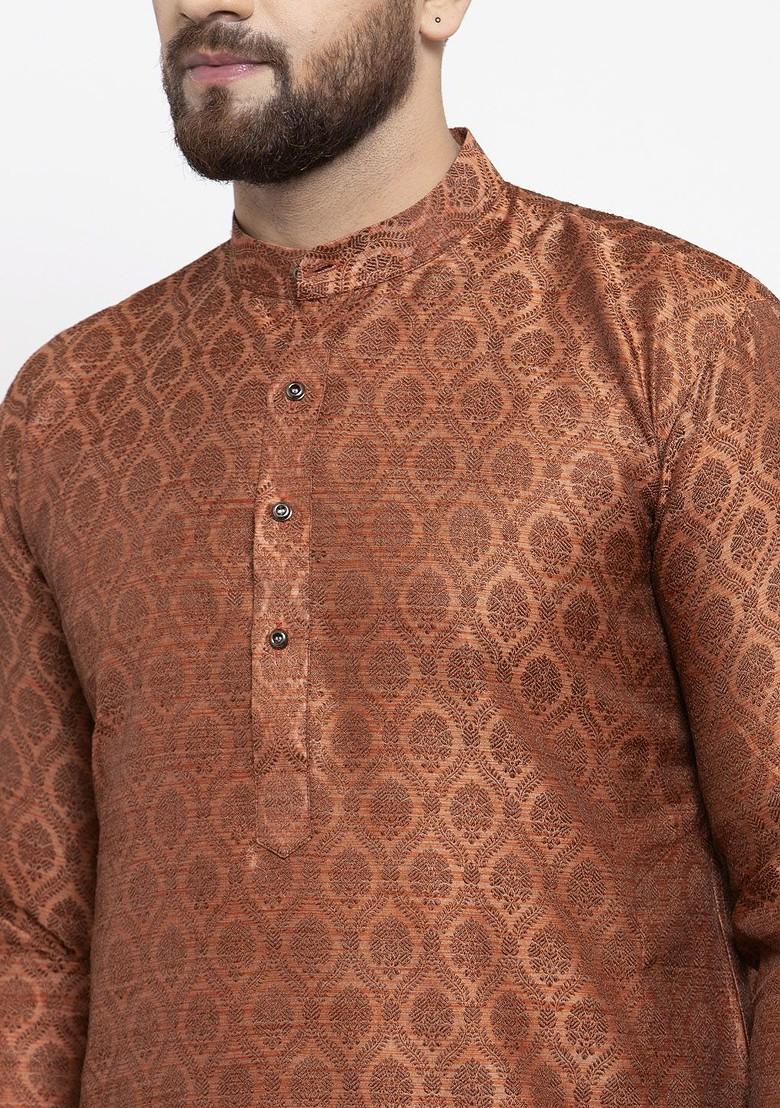 Brown Woven Design Poly Blend Kurta Set For Men