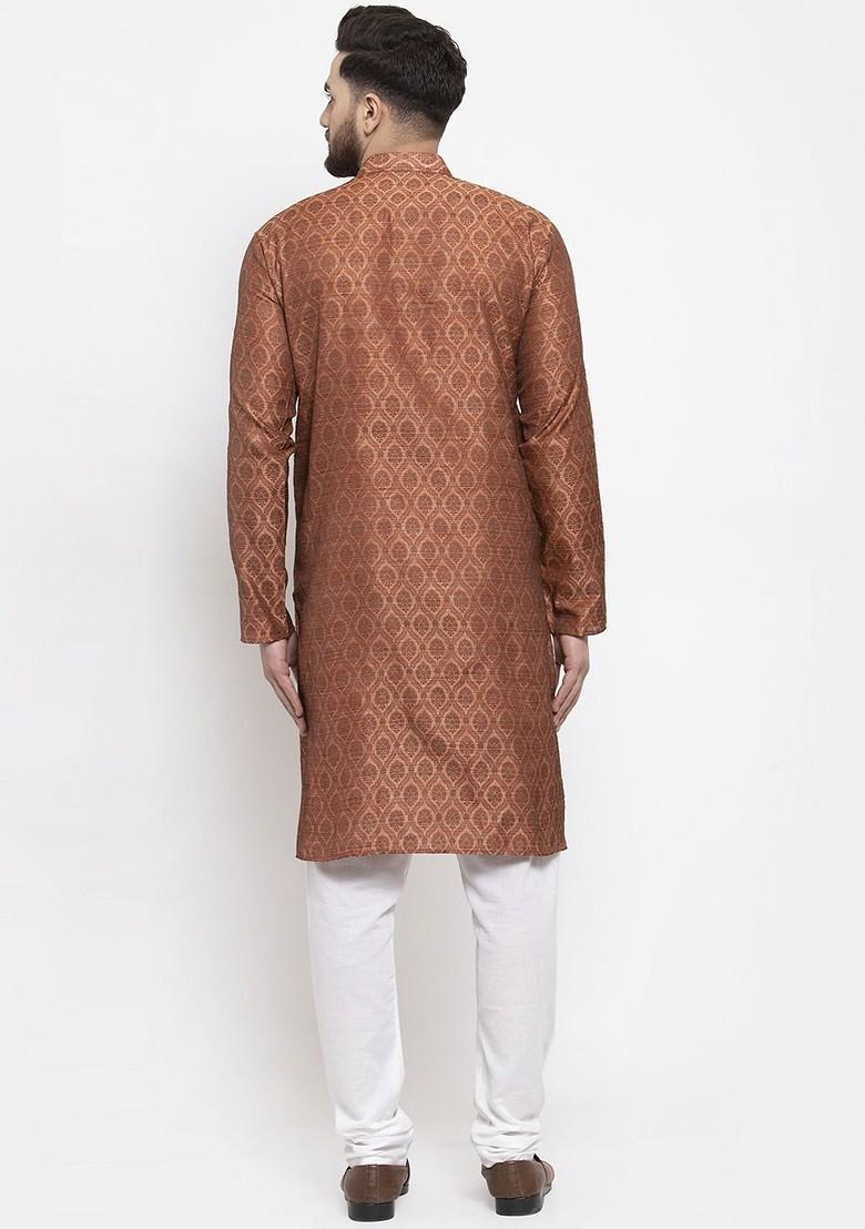 Brown Woven Design Poly Blend Kurta Set For Men