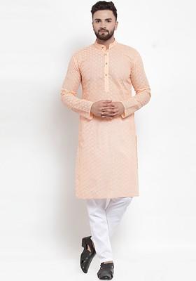 Orange Embroidered Poly Blend Kurta Set For Men
