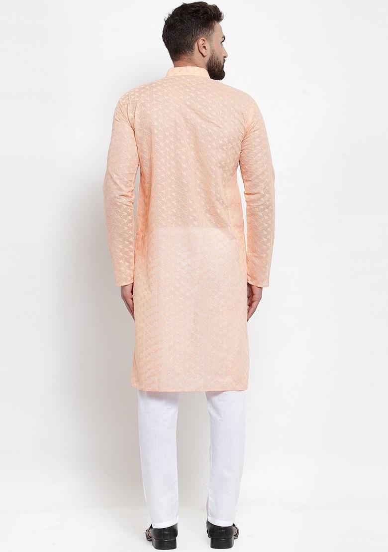 Orange Embroidered Poly Blend Kurta Set For Men
