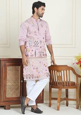 Pink Embroidered Poly Blend Kurta Set For Men