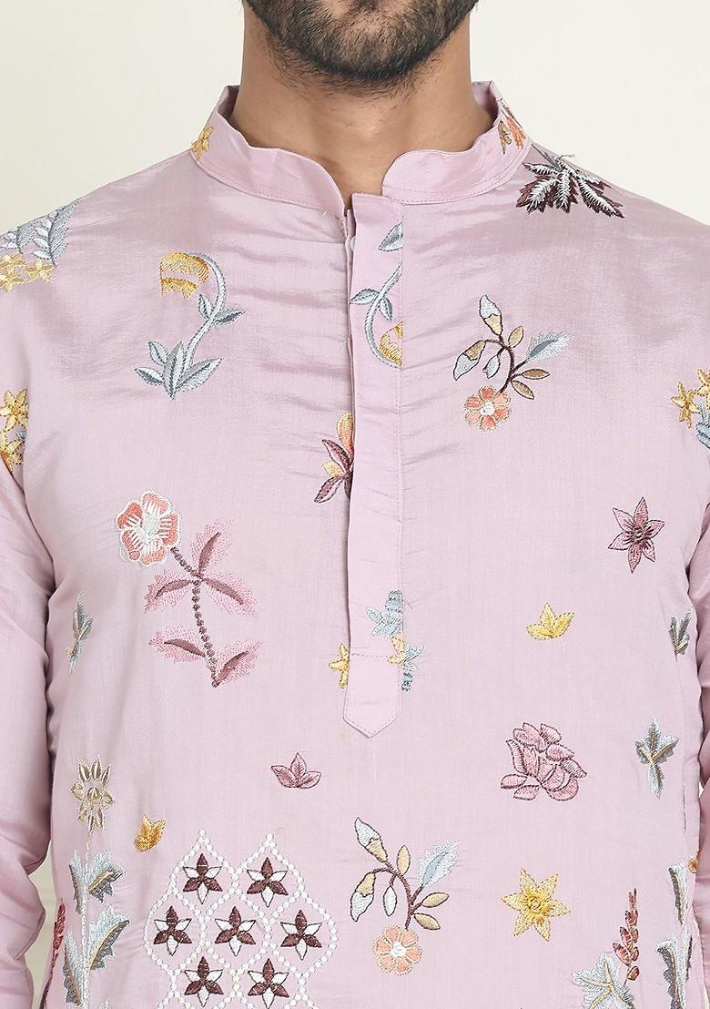 Pink Embroidered Poly Blend Kurta Set For Men